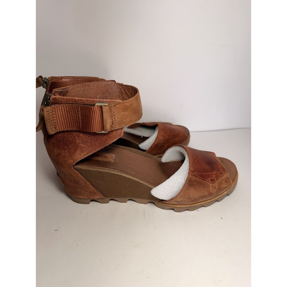 Sorel Joanie Ankle Strap Wedge Sandals Brown Leather Back Zip Women Size 10.5
